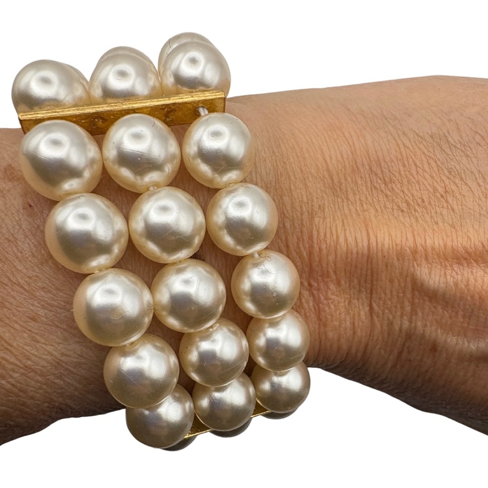 Statement Triple Row Faux Pearl Stretch Bracelet Gold Tone Cuff